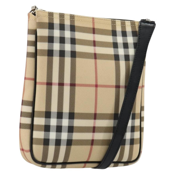 BURBERRY Nova Check Umhängetasche PVC Beige Silber Auth 183108A