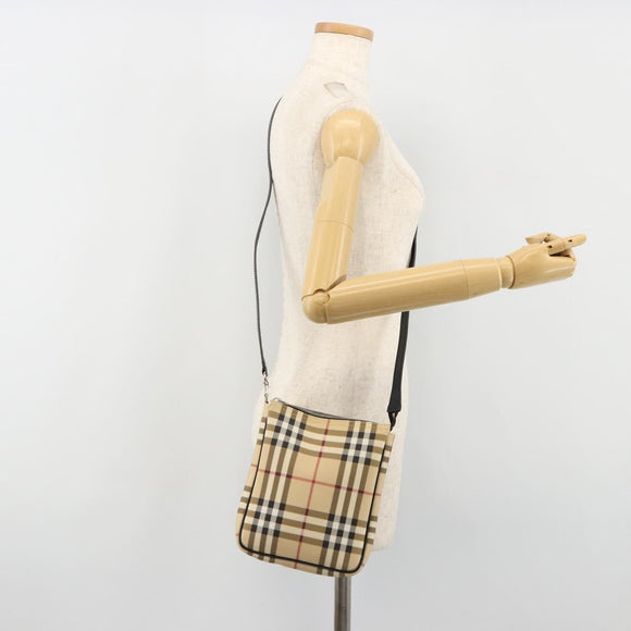 BURBERRY Nova Check Umhängetasche PVC Beige Silber Auth 183108A