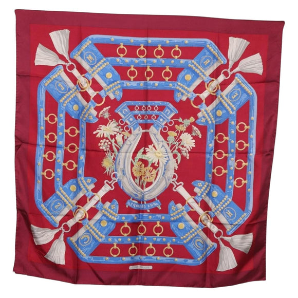 HERMES Carre 90 Scarf ""aux champs"" Silk Red Auth 183130