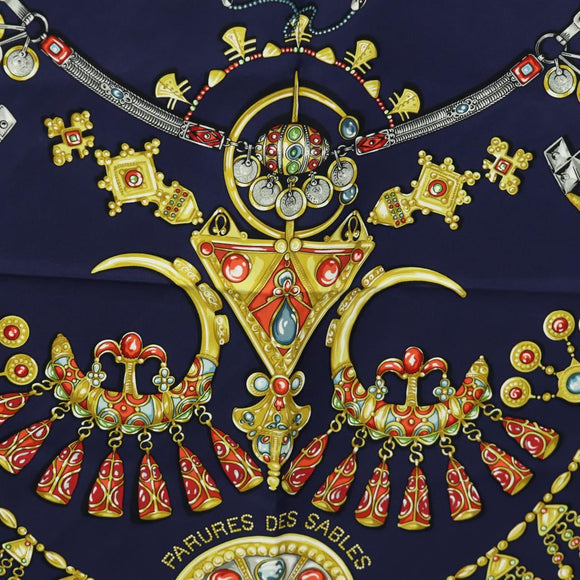 HERMES Carre 90 Scarf ""PARURES DES SABLES"" Silk Navy Auth 183131M