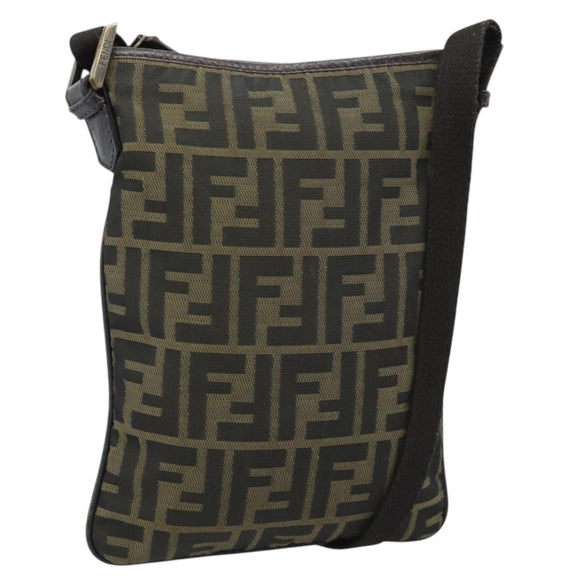 FENDI Zucca Canvas Shoulder Bag Black Brown Auth 183189