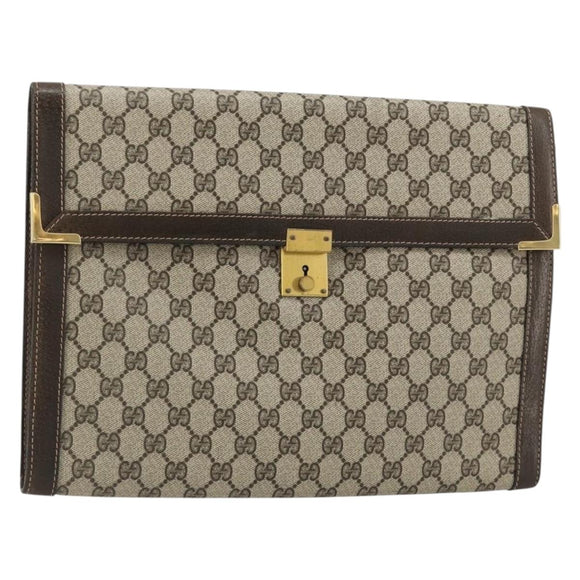 GUCCI GG Supreme Clutch Bag PVC Beige Gold Auth 183198