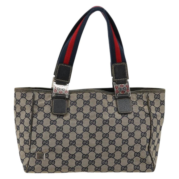 GUCCI GG Canvas Sherry Line Hand Bag Navy Silver 145810 Auth 183200