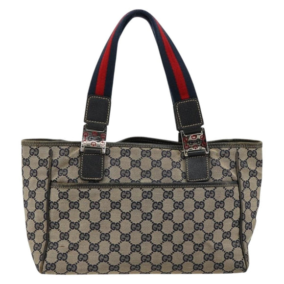 GUCCI GG Canvas Sherry Line Hand Bag Navy Silver 145810 Auth 183200