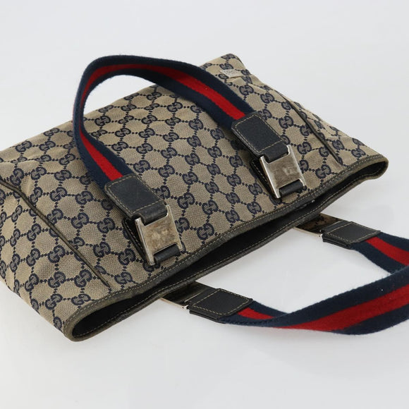 GUCCI GG Canvas Sherry Line Hand Bag Navy Silver 145810 Auth 183200