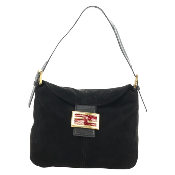 FENDI Mamma Baguette Shoulder Bag Suede Black Gold Auth 183213SAM