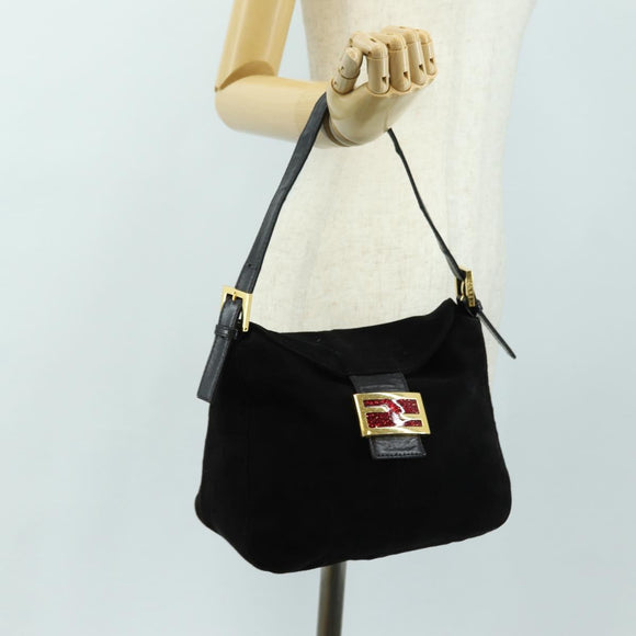 FENDI Mamma Baguette Shoulder Bag Suede Black Gold Auth 183213SAM