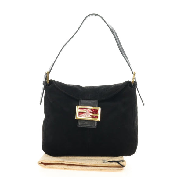 FENDI Mamma Baguette Shoulder Bag Suede Black Gold Auth 183213SAM