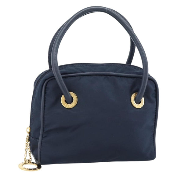 CELINE Circle Hand Bag Nylon Navy Gold Auth 183217