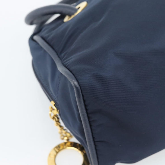CELINE Circle Hand Bag Nylon Navy Gold Auth 183217