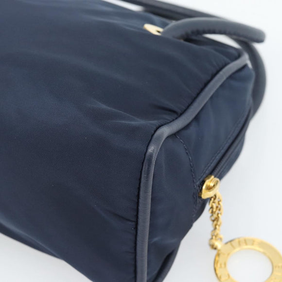 CELINE Circle Hand Bag Nylon Navy Gold Auth 183217