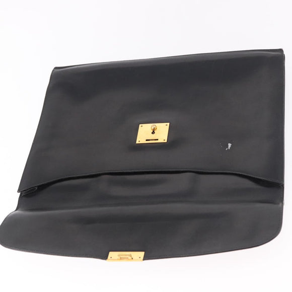 HERMES Kirius Business Bag Leather Black Gold Auth 183240