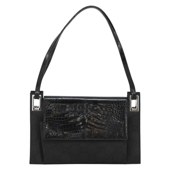 GUCCI Shoulder Bag Embossed leather Black Silver 001 3158 Auth 183254