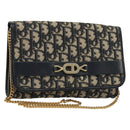 Christian Dior Trotter Canvas Chain Shoulder Bag Navy Gold Auth 183318A-1