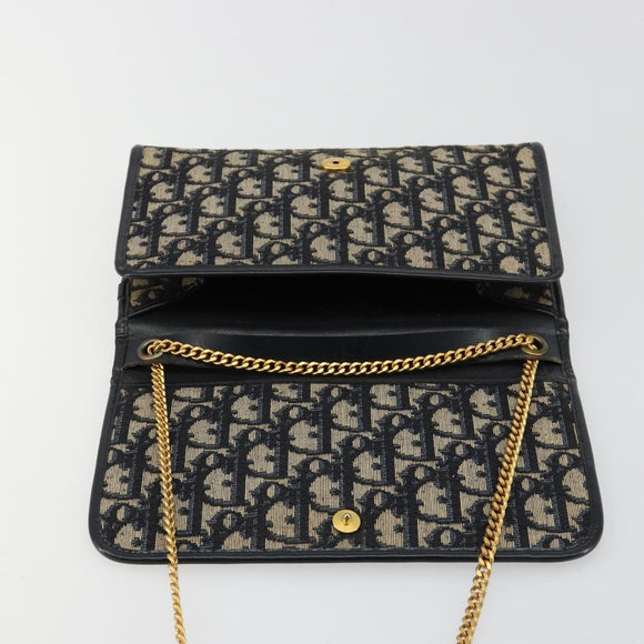 Christian Dior Trotter Canvas Chain Shoulder Bag Navy Gold Auth 183318A