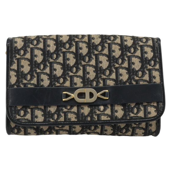 Christian Dior Trotter Canvas Chain Shoulder Bag Navy Gold Auth 183318A