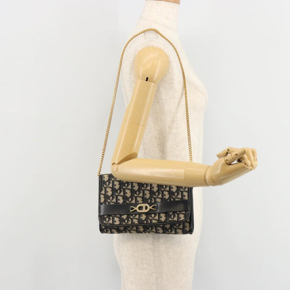 Christian Dior Trotter Canvas Chain Shoulder Bag Navy Gold Auth 183318A
