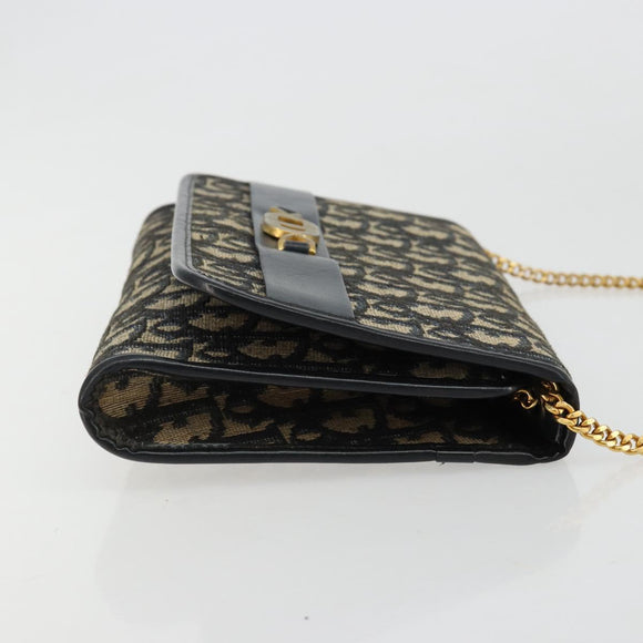 Christian Dior Trotter Canvas Chain Shoulder Bag Navy Gold Auth 183318A