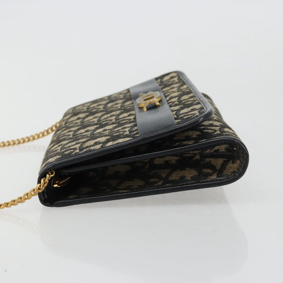Christian Dior Trotter Canvas Chain Shoulder Bag Navy Gold Auth 183318A