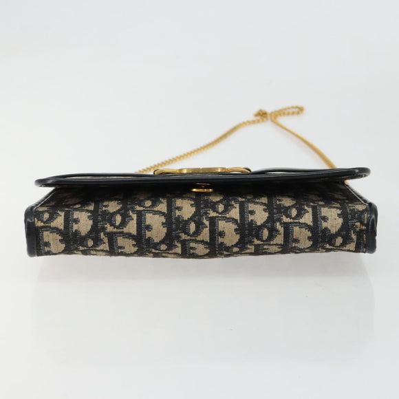 Christian Dior Trotter Canvas Chain Shoulder Bag Navy Gold Auth 183318A