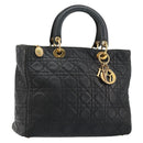 Christian Dior Canage Lady Dior Hand Bag Lamb Skin Black Gold Auth 183319-1