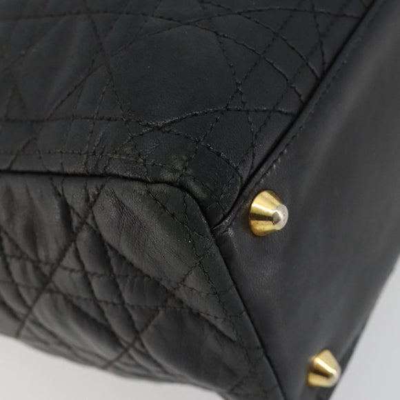 Christian Dior Canage Lady Dior Hand Bag Lamb Skin Black Gold Auth 183319