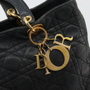 Christian Dior Canage Lady Dior Hand Bag Lamb Skin Black Gold Auth 183319-17