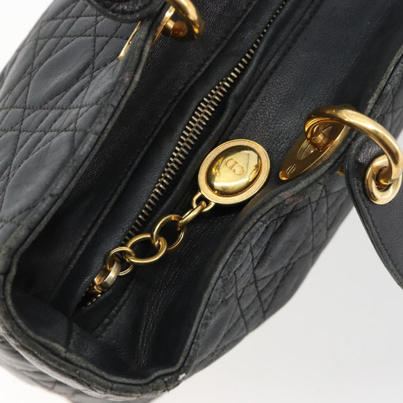 Christian Dior Canage Lady Dior Hand Bag Lamb Skin Black Gold Auth 183319