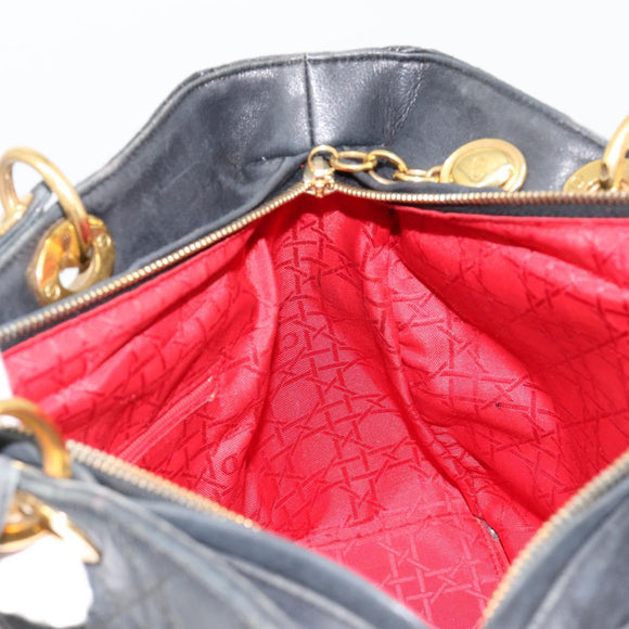 Christian Dior Canage Lady Dior Hand Bag Lamb Skin Black Gold Auth 183319