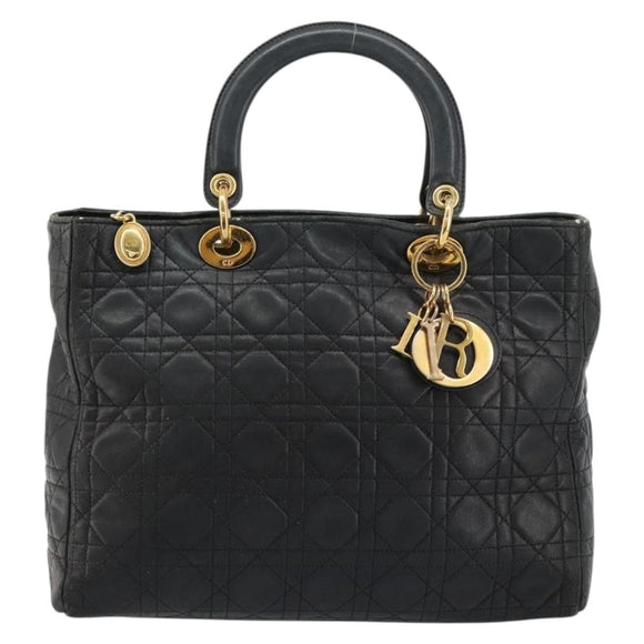 Christian Dior Canage Lady Dior Hand Bag Lamb Skin Black Gold Auth 183319