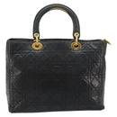 Christian Dior Canage Lady Dior Hand Bag Lamb Skin Black Gold Auth 183319-2