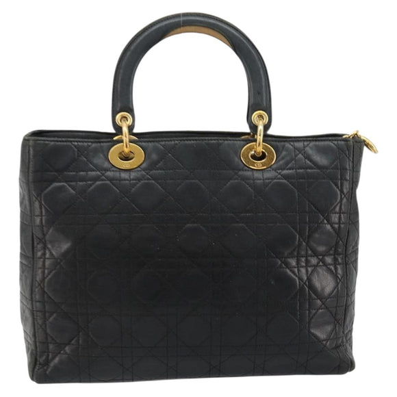 Christian Dior Canage Lady Dior Hand Bag Lamb Skin Black Gold Auth 183319