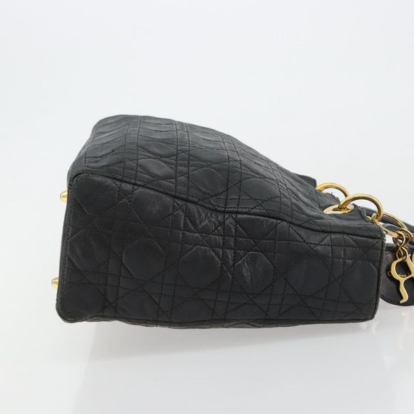 Christian Dior Canage Lady Dior Hand Bag Lamb Skin Black Gold Auth 183319