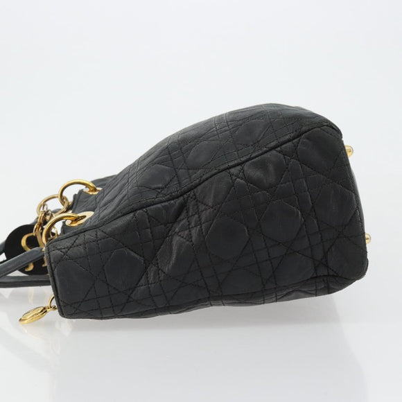 Christian Dior Canage Lady Dior Hand Bag Lamb Skin Black Gold Auth 183319