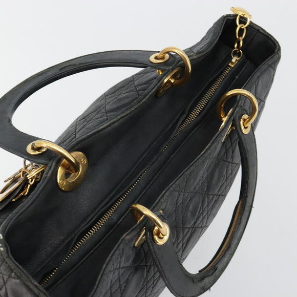 Christian Dior Canage Lady Dior Hand Bag Lamb Skin Black Gold Auth 183319