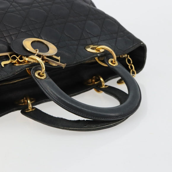 Christian Dior Canage Lady Dior Hand Bag Lamb Skin Black Gold Auth 183319