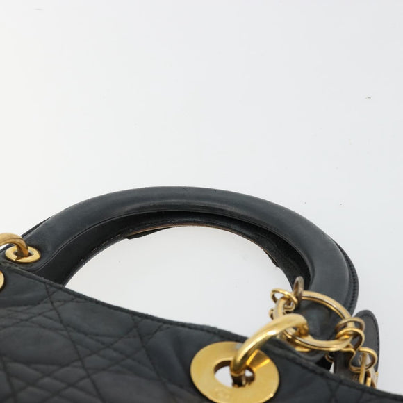 Christian Dior Canage Lady Dior Hand Bag Lamb Skin Black Gold Auth 183319