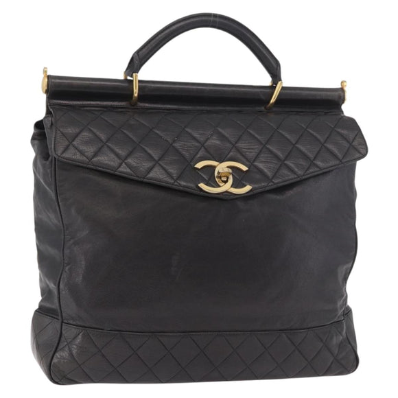 CHANEL Matelasse Hand Bag Lamb Skin Black Gold CC Auth 183326A