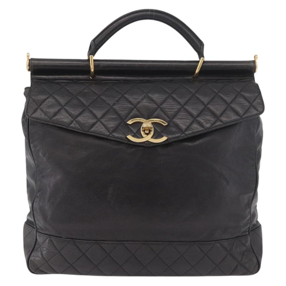 CHANEL Matelasse Hand Bag Lamb Skin Black Gold CC Auth 183326A