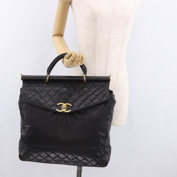 CHANEL Matelasse Hand Bag Lamb Skin Black Gold CC Auth 183326A