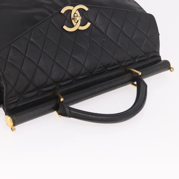 CHANEL Matelasse Hand Bag Lamb Skin Black Gold CC Auth 183326A