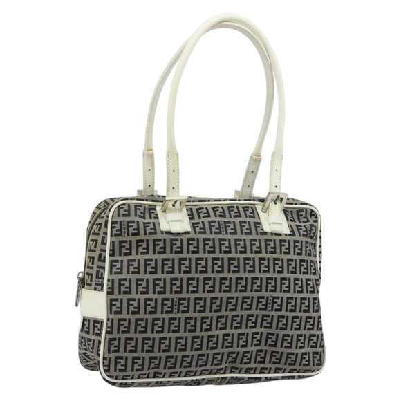 FENDI Zucchino Canvas Hand Bag Navy Silver Auth 183354A