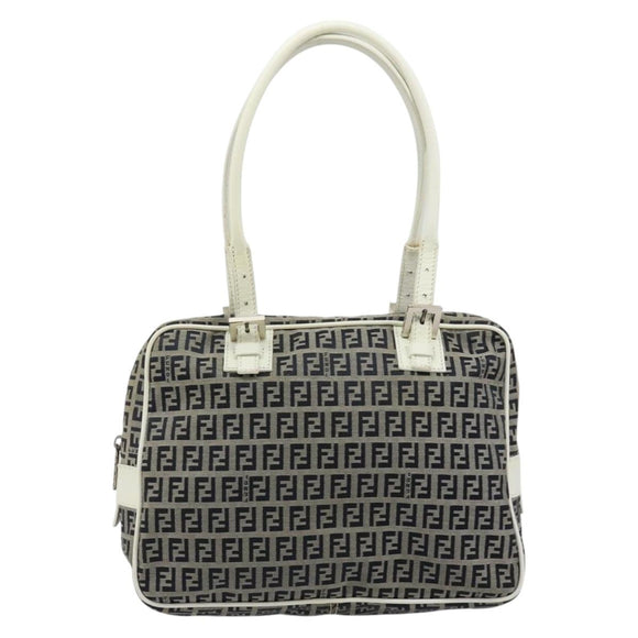 FENDI Zucchino Canvas Hand Bag Navy Silver Auth 183354A