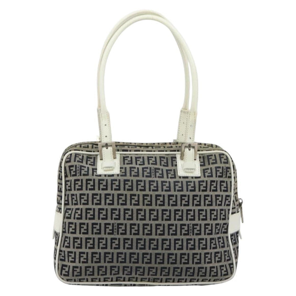 FENDI Zucchino Canvas Hand Bag Navy Silver Auth 183354A