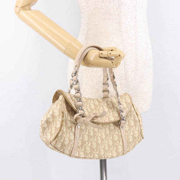 Christian Dior Trotter Canvas Chain Hand Bag PVC Beige Silver Auth 183359A