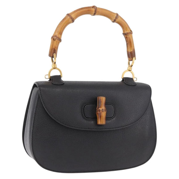 GUCCI Bamboo Hand Bag Leather Black Gold Auth 183361V