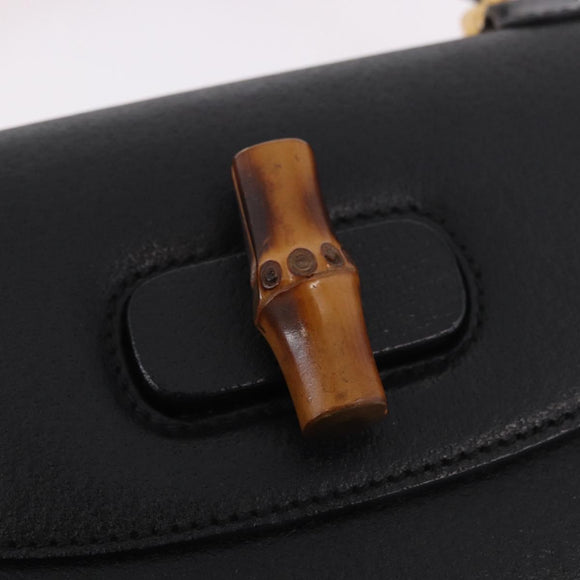 GUCCI Bamboo Hand Bag Leather Black Gold Auth 183361V