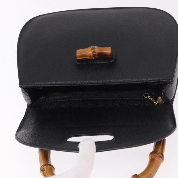 GUCCI Bamboo Hand Bag Leather Black Gold Auth 183361V