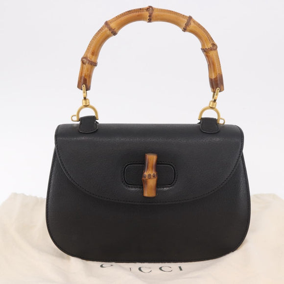 GUCCI Bamboo Hand Bag Leather Black Gold Auth 183361V