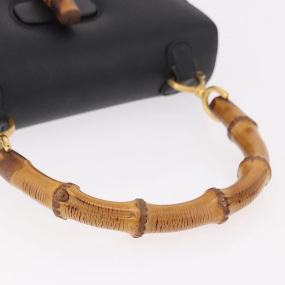 GUCCI Bamboo Hand Bag Leather Black Gold Auth 183361V
